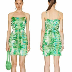 GANNI Silk Stretch Satin Ruched Mini Dress Lily Green Size 34 or US XS NWT